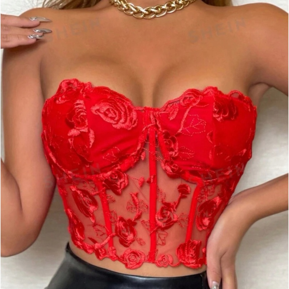 Red Rose Mesh Corset Top